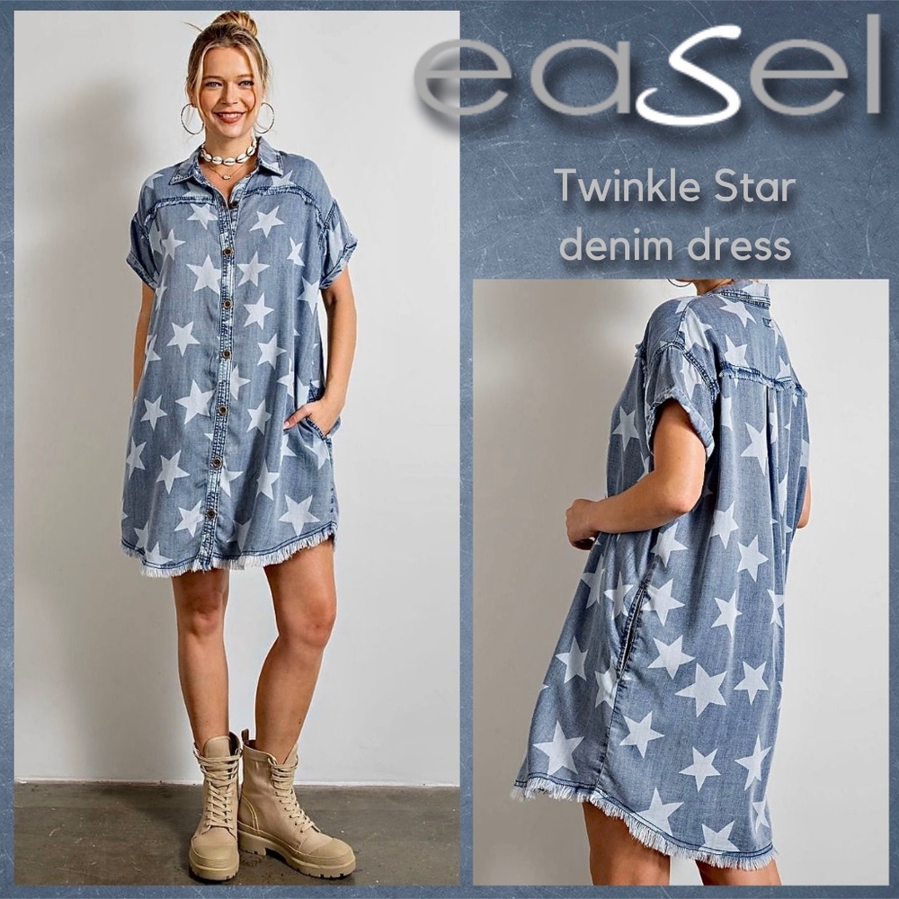 EASEL "Twinkle Star" Lightweight Cotton Denim Shirt Dress Button Up W/ Raw Seams - Picture 1 of 16